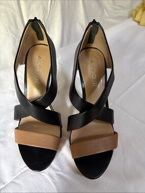 Aldo Black and Tan Crisscross High Heel Platform Sandals